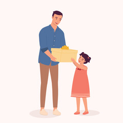 Smiling Father Receiving Presents From His Little Daughter. Full Length.