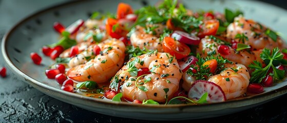 A Healthy Meal Plan Featuring Fresh Seafood, Organic Fruits, and Vegetables. Concept Healthy Eating, Seafood Recipes, Organic Food, Meal Planning, Fresh Ingredients - obrazy, fototapety, plakaty