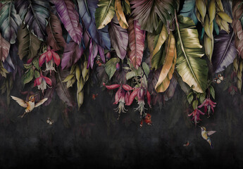 Wallpaper Prints - Tropical Banana Palms In Landscape  Butterflies Painted Vintage Style With black Background .