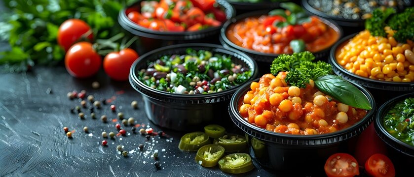 Healthy lunch box catering service with balanced meals for daily takeaway. Concept Healthy Eating, Meal Prep, Catering Services, Daily Takeaway, Balanced Nutrition