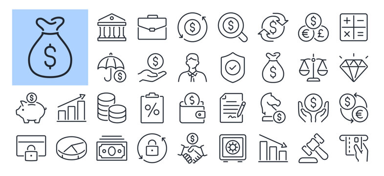 Bank, payment, money and finances editable stroke outline icons set isolated on white background flat vector illustration. Pixel perfect. 64 x 64.