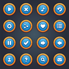 Game ui set of blue buttons in cartoon style gui to build 2d games cartoon casual buttons kit