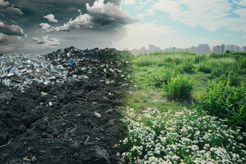 A contrast between a polluted, trash-filled environment and a clean, green field