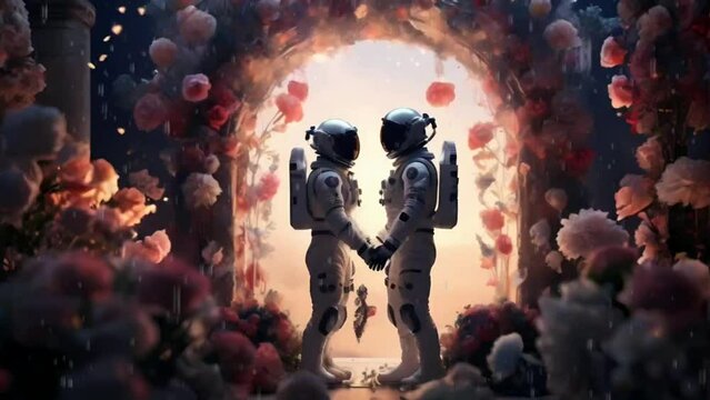 A pair of astronauts together in an aisle full of flowers