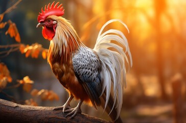 A vibrant portrait of a rooster, displaying its splendid plumage and brilliant colors in the warm, glowing light of dawn