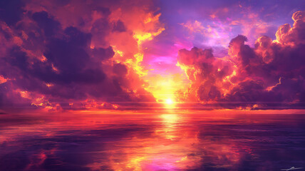 A beautiful sunset over the ocean with a large, colorful cloud in the sky - obrazy, fototapety, plakaty