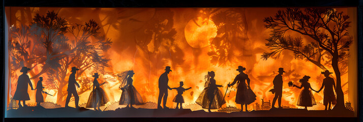 Shadow Theater Box with Tiny Silhouette Figures,
A group of people stand on a hill with a mountain in the background
