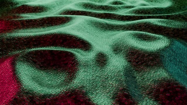 Fabric texture with reptile skin effect. Loop abstract green wavy background. 3D render video