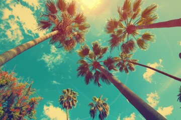 Fototapeta na wymiar Shot of Palm Trees on Sunny Sky Background. Vintage Tone Captures the Essence of Avenue and Street Drive