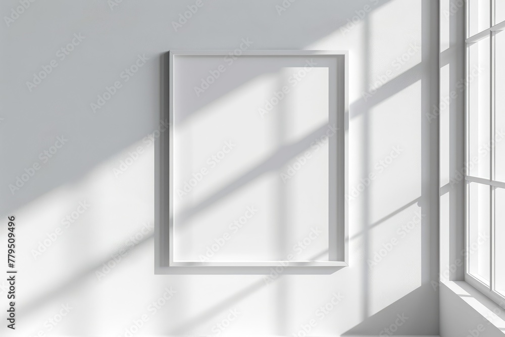 Poster minimalist white frame mock-up hanging on wall with window lighting and shadow - empty picture board