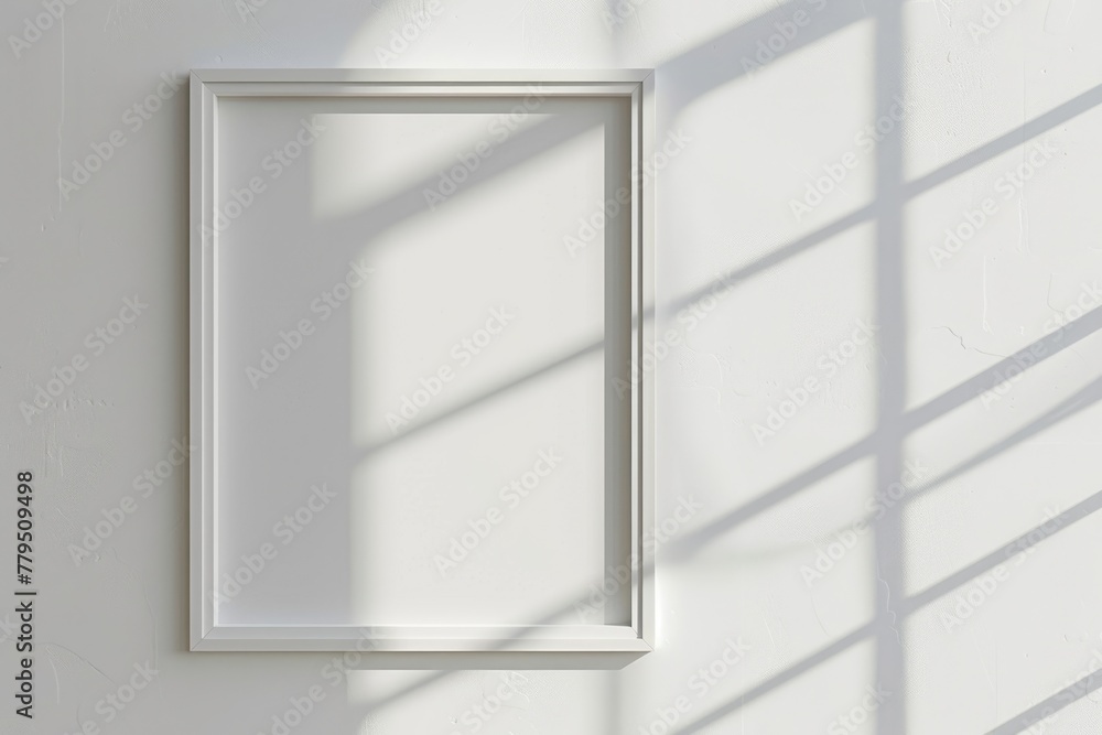 Poster mock up hanging: minimal white square frame picture on wall with window light and shadow. isolated e