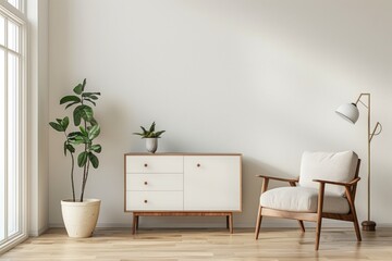 Mid Century Modern Interior Mockup: Empty Room with White Wall, Furniture, and Wood Floor in 3D Render Illustration