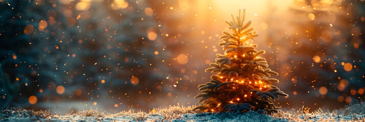 Snow Covered Christmas Tree in Winter Forest,
Christmas winter blurred background Xmas tree with snow decorated with garland lights - obrazy, fototapety, plakaty