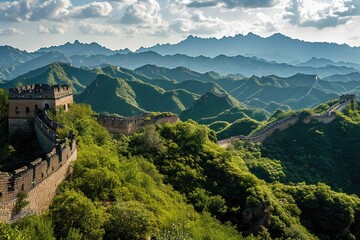 Great Wall of China, The Great Wall of China snaking through mountains under a blue sky, AI generated