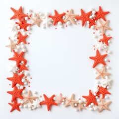 Fototapeta na wymiar coral stars frame border with blank space in the middle on white background festive concept celebrations backdrop with copy space for text photo or presentation