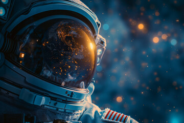A man in a space suit is looking out of a window - obrazy, fototapety, plakaty