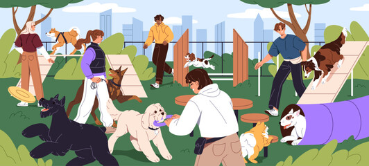 People training agility with puppies at dogs park, playground. Men and women walking doggies of different breeds at yard. Owners play with their playful pets outdoors. Flat vector illustration - obrazy, fototapety, plakaty