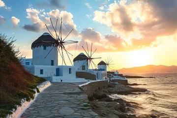 Tuinposter  The iconic windmills of  Greece at sunset, AI generated © Tanu