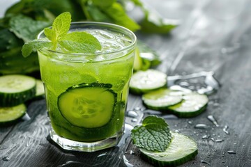 Fototapeta premium Refreshing Non-alcoholic Cucumber Juice in a Glass on Grey Wooden Background with Cut-out Cucumbers and Greens
