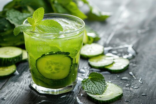 Refreshing Non-alcoholic Cucumber Juice in a Glass on Grey Wooden Background with Cut-out Cucumbers and Greens