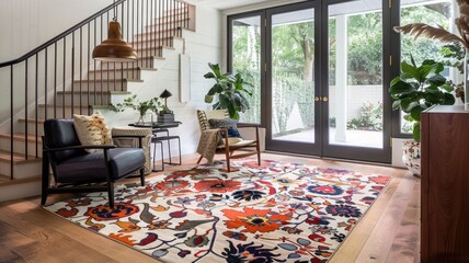 entryway features a durable, colorful rug with patterns that mimic circus fanfare, set against a backdrop of modern, neutral decor