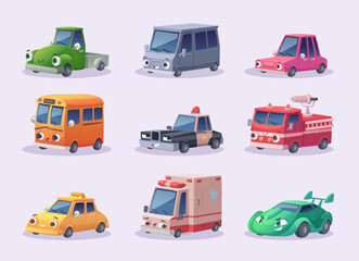 Cars emotions. Cute urban vehicles with big eyes exact vector cartoon illustrations set