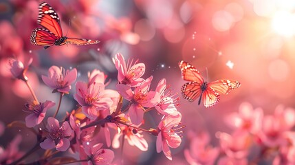 Serene Spring Symphony: Macro Shot of Blooming Sakura Flowers with Fluttering Butterflies