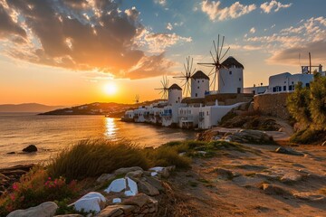  The iconic windmills of  Greece at sunset, AI generated - obrazy, fototapety, plakaty