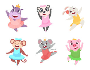 Obraz na płótnie Canvas Ballet animals. Cartoon funny animals dancing in fashioned ballerinas clothes exact vector illustrations set