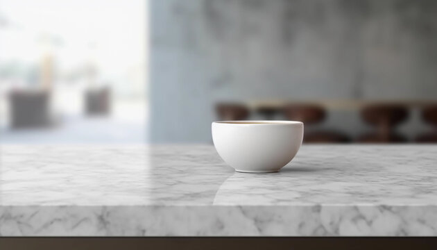 A bowl of soup on the white marble dining table in the kitchen 
