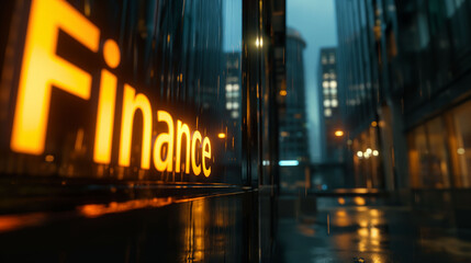 Close-up of glowing "Finance" sign on a building façade on a rainy evening, with city lights and reflections creating a moody urban scene