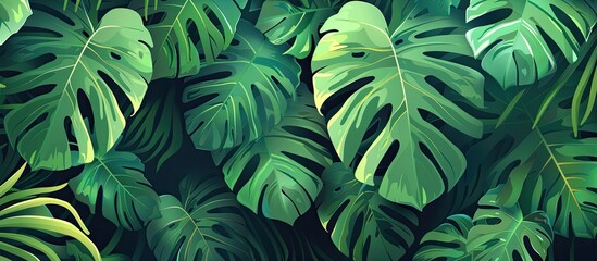 A lush display of green tropical leaves on a dark background, creating a vibrant and mysterious junglelike atmosphere. The terrestrial plants form a beautiful groundcover amidst the darkness