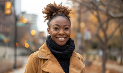 Young african american woman smiling happy walking at the city. --ar 5:3 --v 6 Job ID:...