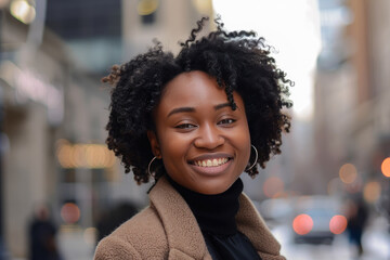 Young african american woman smiling happy walking at the city. --ar 3:2 --v 6 Job ID:...
