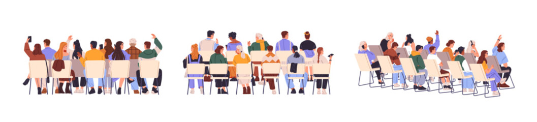 People sit on row of chairs back view set. Crowd is on seats in business conference. Audience of seminar rises hands to ask. Concert spectators. Flat isolated vector illustration on white background - obrazy, fototapety, plakaty