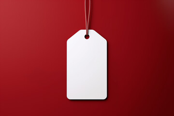 blank white tag hanging from a string on a red background