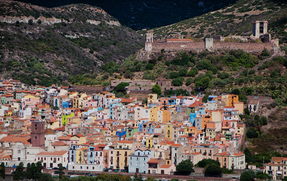 Colorful buildings of Bosa with the Castle of Serravalle. Oristano, Sardinia, Italy