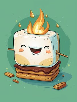 Cute smore cartoon with happy marshmallow, chocolate, and graham cracker, solid green background, camping theme