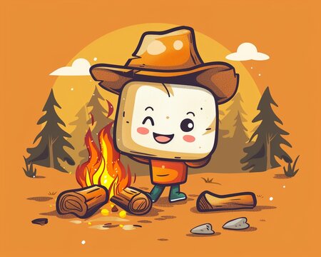 Happy smore cartoon, marshmallow with a campfire hat, solid orange background, forest camping scene