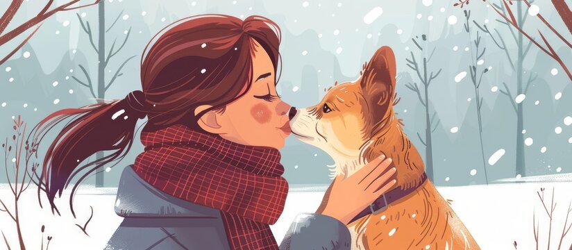 A happy woman is sharing a kiss with an organism in the snow, capturing the moment with a playful gesture. The art of love and fun can be seen in this adorable photo caption