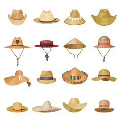 Straw headwear. Male and female panamas from sun cowboy and farmer hat various styles recent vector set