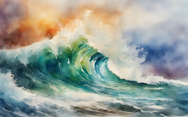 Abstract watercolor big wave for textures. Fresh, cheerful and relaxing summer concept. Positive and healthy tones.