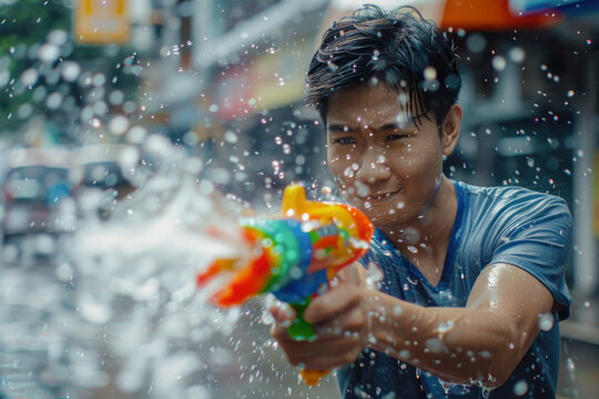 Happy traveler asian man wearing summer shirt holding colourful squirt water gun over blur city, Water festival holiday concept