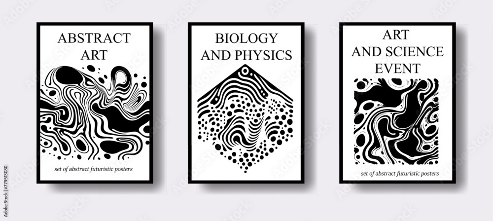 Aufkleber set of poster templates for science event with futuristic surreal design, black and white liquid sha