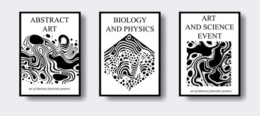 Set of poster templates for science event with futuristic surreal design, black and white liquid shapes and forms. - 779513080