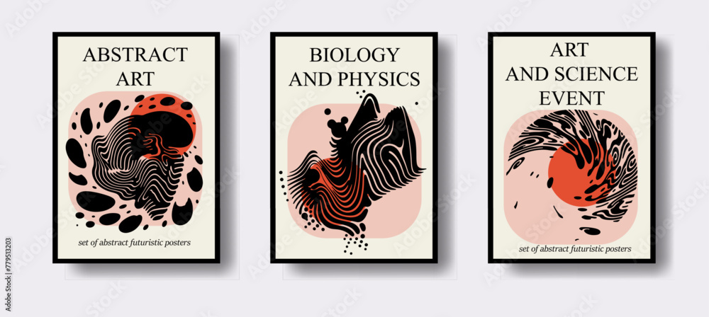 Aufkleber set of poster templates for science event with futuristic surreal design, black and white liquid sha