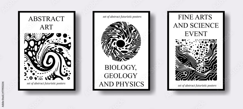 Aufkleber set of poster templates for science event with futuristic surreal design, black and white liquid sha