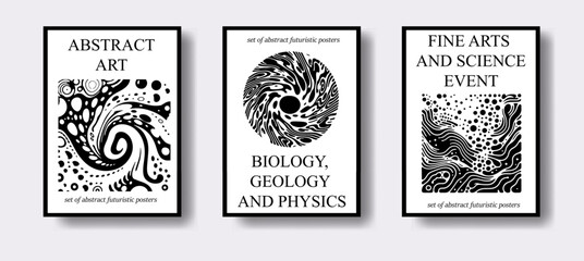 Set of poster templates for science event with futuristic surreal design, black and white liquid shapes and forms. - 779513236