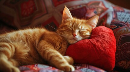 Cute red fluffy cat lies on a furry blanket, sleeping, with a red heart