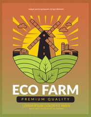 Eco farm poster placard with mill illustration green field outdoor